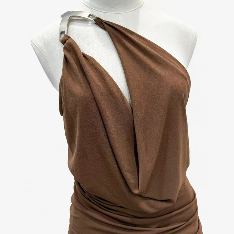 Women's One-Shoulder Metal Button Lace-Up Tank Top,Fashion Sexy Backless Ruched Top,High Quality Cotton Tops,Spring,New,2025.