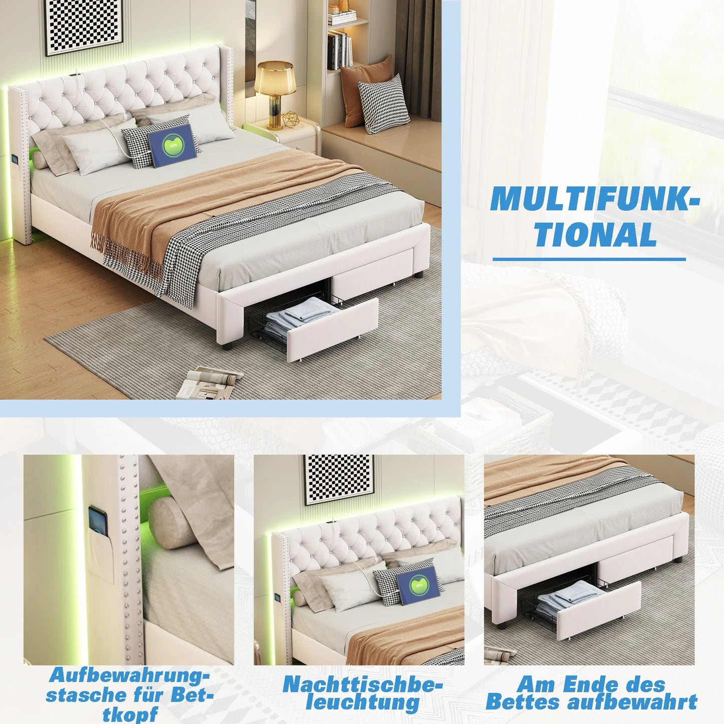 Lazyspace Samtpolsterbett, Doppelbett mit LED-Beleuchtung und USB, hydraulischer Bettrahmen mit Stauraum und 2 Schubladen