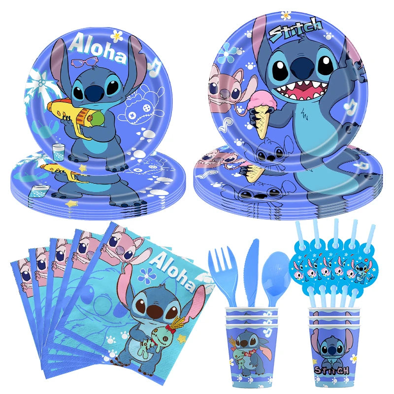 Stitch Party Supplies für Kinder Lilo und Stitch Geburtstag Party Dekorationen Luftballons Banner Tischdecke Hintergrund Geschirr.