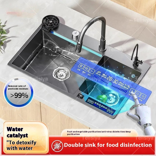 Stainless Steel Smart Water Catalyst Sinks large Double slot Purification Sterilized Fruit Dishwashing Kitchen Sink