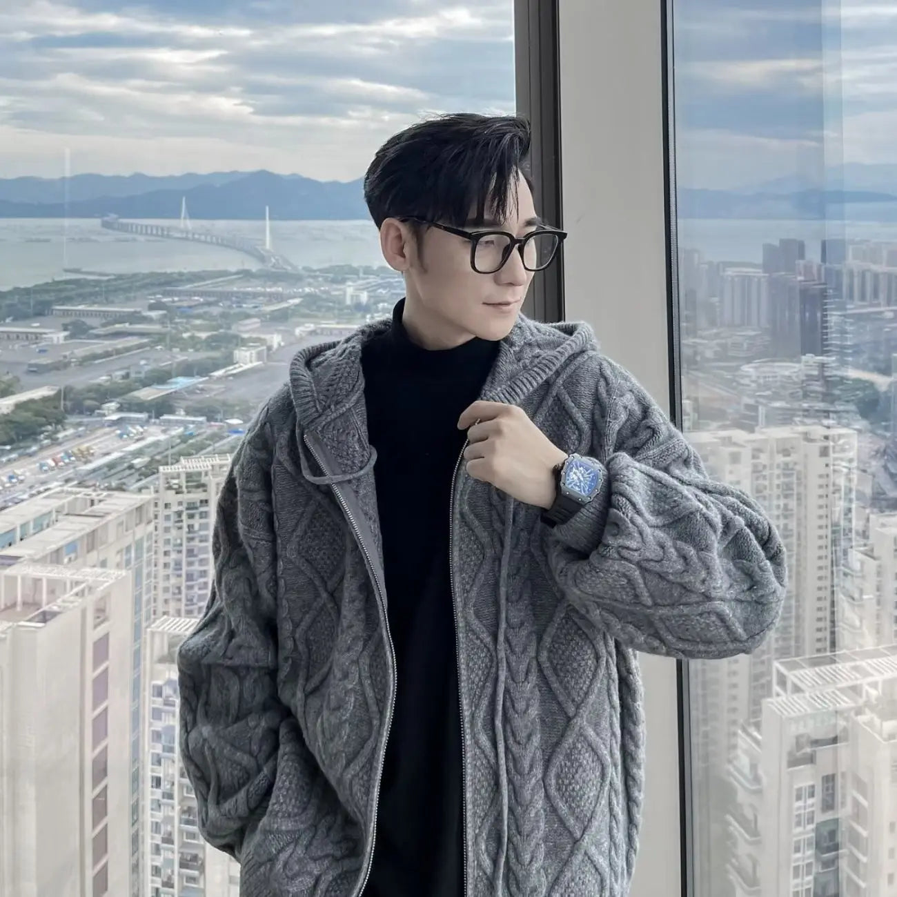 Men's Fashionable Simple Zip-Up Knit Cardigan with Hood - Korean Style Twisted Texture Warm Outerwear for Autumn & Winter.