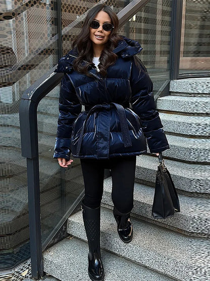 Frauen Glänzend Herbst Winter Mit Kapuze Baumwolle Gefütterte Jacke Lose Lange Hülse Spitze Up Warme Mantel 2025, Neue Dame Mode Party outwear