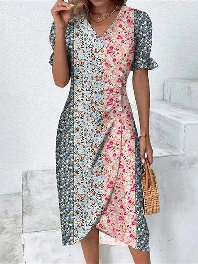 Elegante Blumen Plissee H-förmigen Midi Kleid Weibliche V-ausschnitt Puff Sleeve Taille Geraffte Taste Kleider Frauen Sommer Kleid Robe.