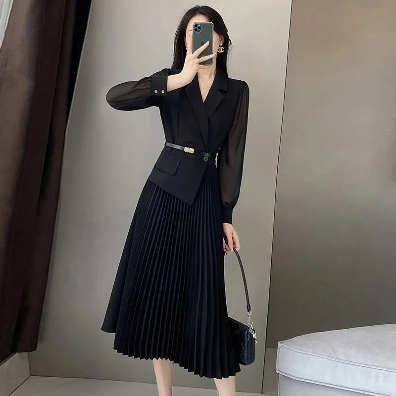 Koreanische Version Damen kleid Herbst neue schwarze schöne Temperament Social ite pendeln einfarbige minimalist ische Freizeit kleider.