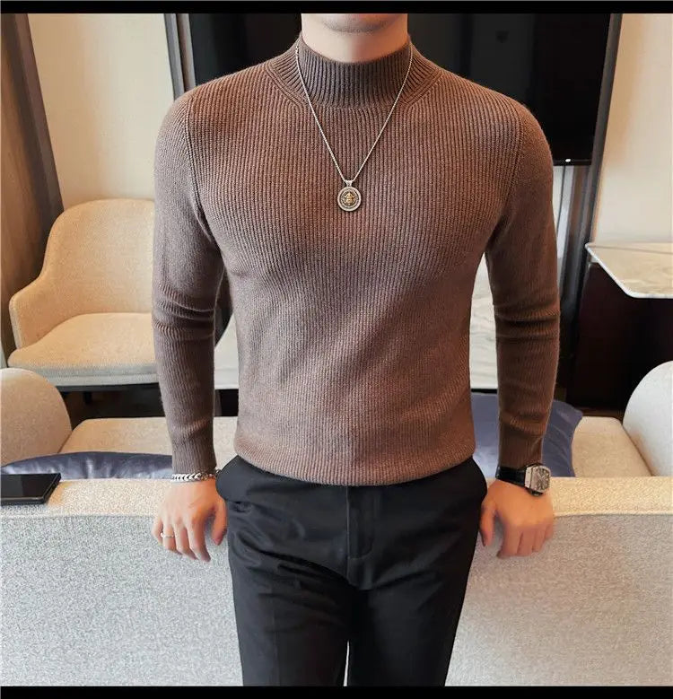 Half Turtleneck Sweater Men with Striped Wool in Autumn Winter Thickened Slightly Loose Base Knitted