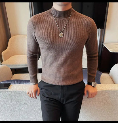 Half Turtleneck Sweater Men with Striped Wool in Autumn Winter Thickened Slightly Loose Base Knitted