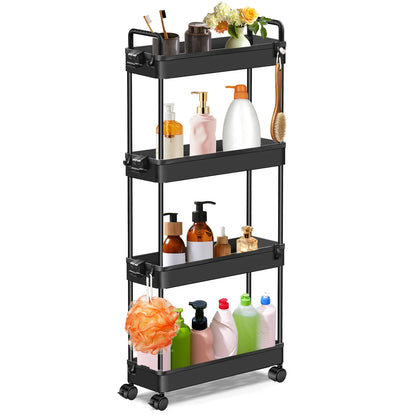 DayPlus 4-stufiger Aufbewahrungswagen, ausziehbarer, schlanker, rollender Mehrzweckwagen, multifunktionaler Badezimmerwagen aus Metall auf Rädern