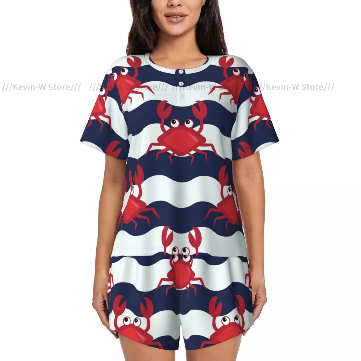Damen-Pyjama-Set, nautische Krabben, niedliche Krabben und gestreifter Hintergrund, Sommer-Kurzarm-Anzug für Damen, Homewear.