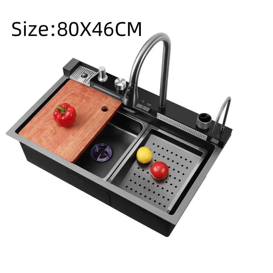 Wasserfall-Küchenspüle aus Edelstahl 304, großes Einzelschlitz-Wasserhahn-Set mit integrierter Digitalanzeige, Seifenspender, Tassenwascher