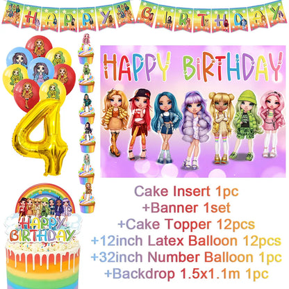 Cartoon Regenbogen Puppe High School Thema Hintergrund Geburtstag Party Dekoration Lieferungen Einweg Tasse Besteck Ballon Baby Geschenk
