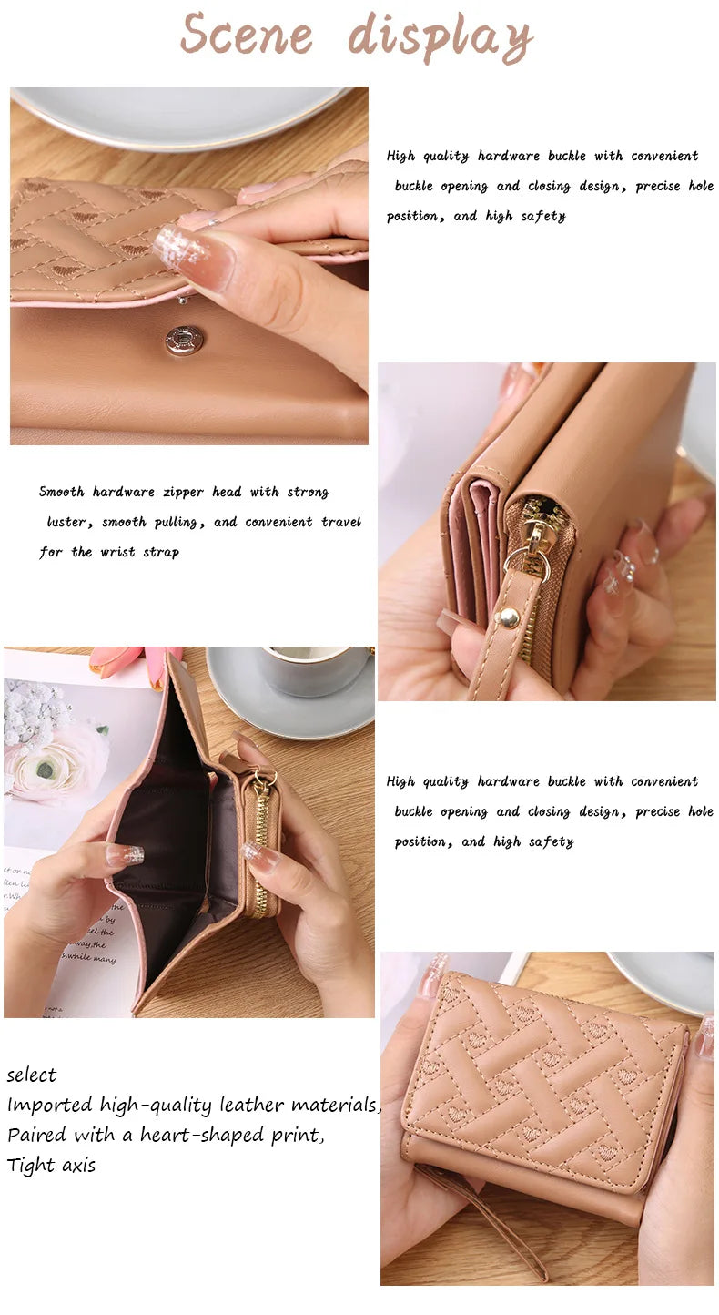 Women's Short Embroidered Love Zero Wallet Zipper Buckle Large Capacity Card Bag Versatile Fashion Simple.