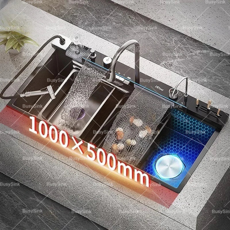 Wasserfall-Küchenspüle aus Edelstahl mit Digitalanzeige, extra große Einzelschüssel, multifunktionales Gemüsewaschbecken für den Haushalt