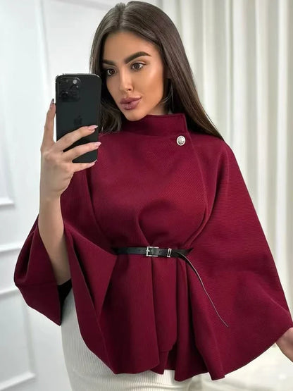 HXAO Damenjacken, übergroße Gürtel-Tunika-Jacke, Herbst-Wintermantel, weiblich, rot, braun, schwarz, Jacke, abgeschnittene Oberbekleidung mit Fledermausärmeln