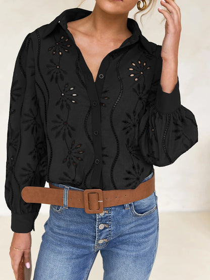 2025 Autumn New Solid Shirt Casual Loose Fashion Hollow Puff Sleeve Cardigan Tops For Women Office Black Hollow out Blouses