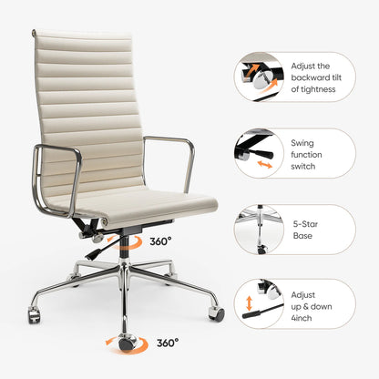 Weiße Drehstühle aus echtem Leder mit mittlerer Rückenlehne, ergonomischer Bürostuhl, verstellbarer drehbarer Gaming-Stuhl aus Leder, gerippter Bürostuhl