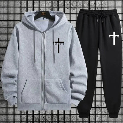 Cross of Christ Mens Hip Hop Tracksuit Set 2025 New 2 Piece Outfit Zipper Hoodie Joggers Urban Streetwear Autumn Winter Fashion.