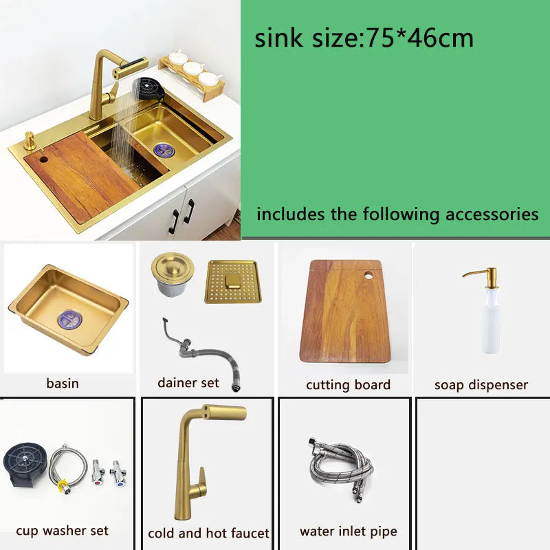 Gold Wasserfall Wasserhahn Küchenspüle Nano Waschbecken 304 Edelstahl Golden Topmount Single Bowl Waschbecken 4-Funktions-Küchenarmatur