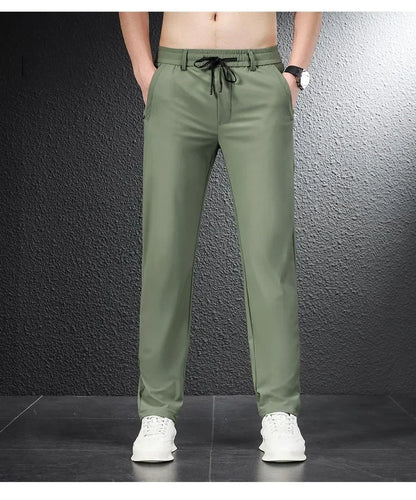2024 Summer Soft Ice Silk Fabric Men's Thin Casual Pants Korean-style Fashion  Straight High Stretch Trousers Male Luxury Brand.