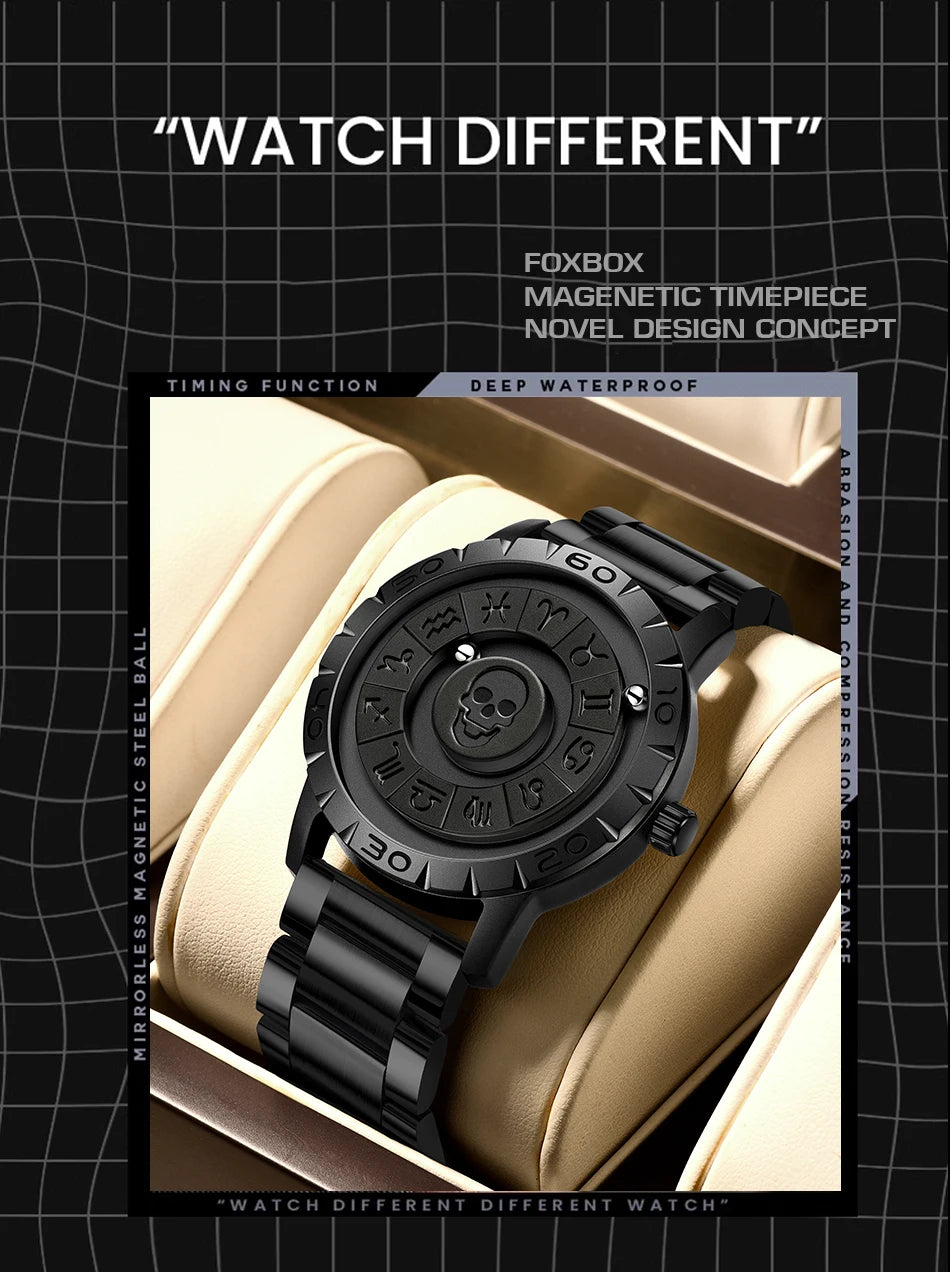 LIGE FOXBOX Unique Design Quartz Man Watch Simple Fashion Leather Belt Casual Sports Magnetic Srolling Beads Skull Men's Watches
