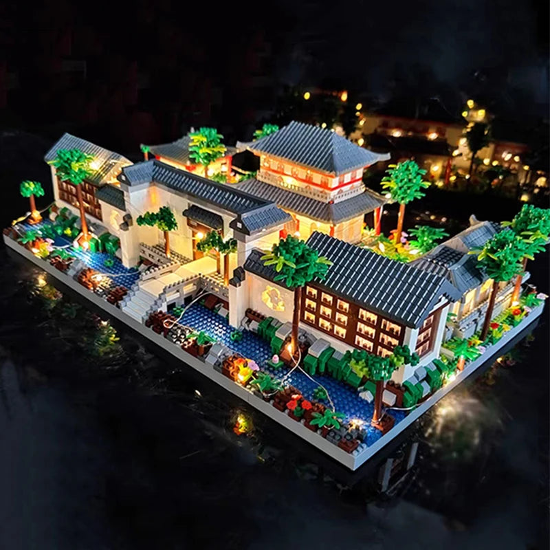 Lezi Architecture Ancient Pavilion Temple Tower Lake Garden Gate LED Light Model Mini Diamond Blocks Bricks Building Toy no Box.