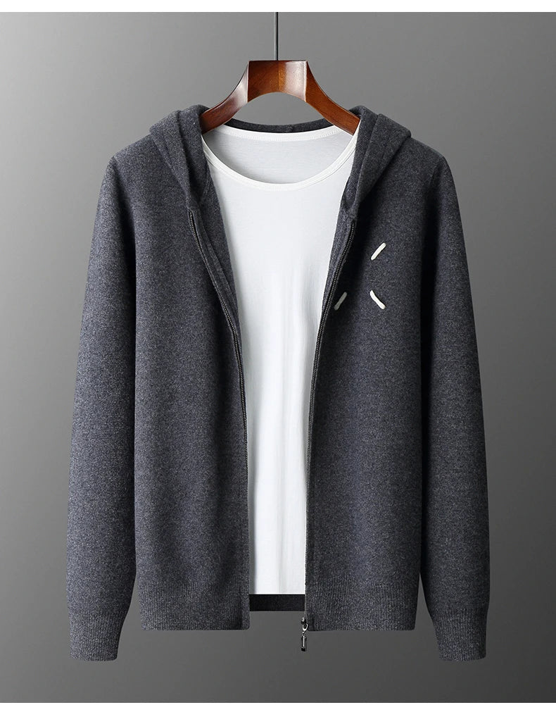 Men's 100% Cashmere Sweater Zipper Hooded Cardigan Warm Air Layer Thickened Jacket Jacquard Casual Knitted Wool Sweater.