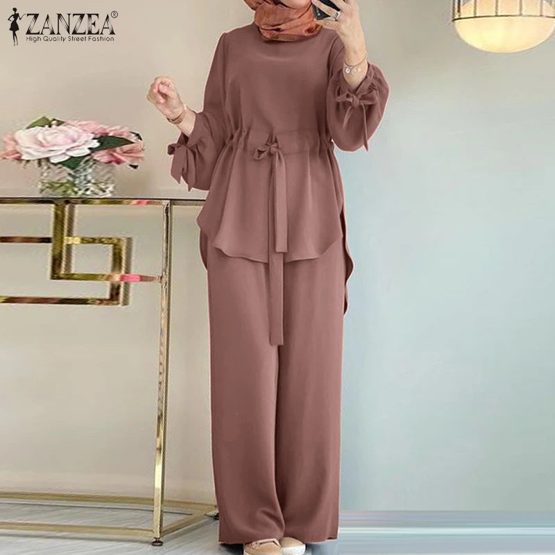 ZANZEA Muslim Women Matching Sets Long Sleeve Solid Color Tops And Loose Pant Suits Elegant Fashion Casual Tracksuit Kaftan 2025.