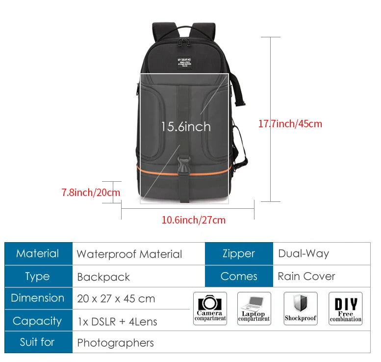JINNUOLANG Professional Digital SLR Camera Backpack Large Photography Bag Tripod Holder Waterproof Rain Cover Outdoor Hiking.