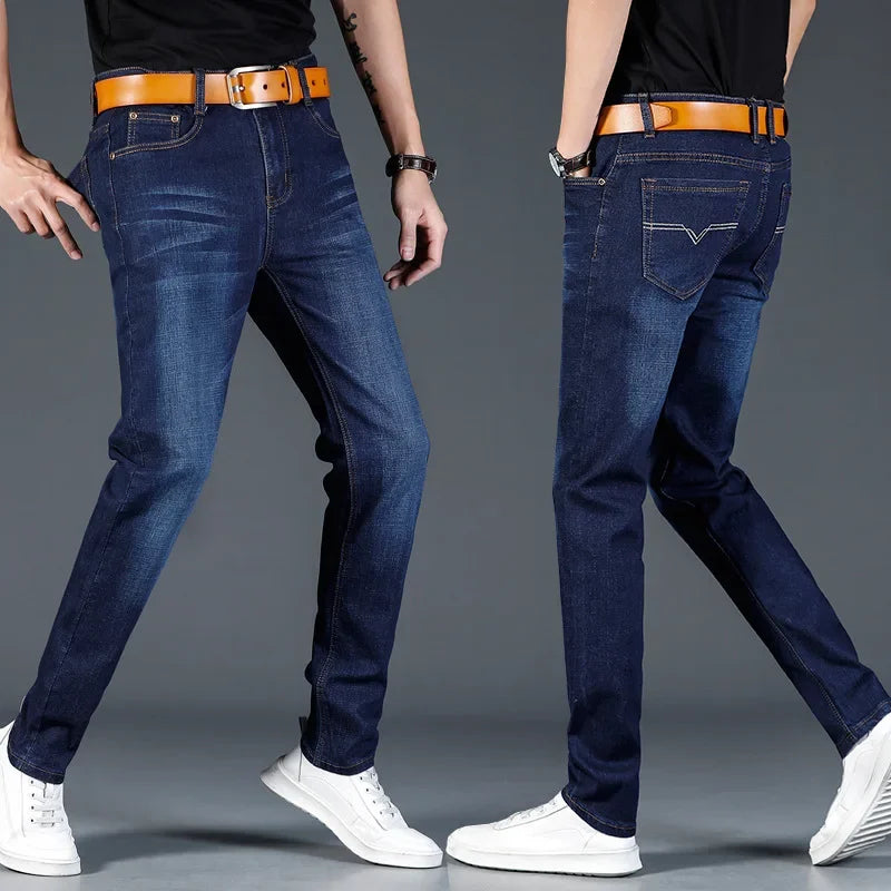 New 2025 Men's Slim Fit Casual Jeans Thin Straight Leg Summer Elastic Comfortable Long Trousers Versatile Style for All Occasion.