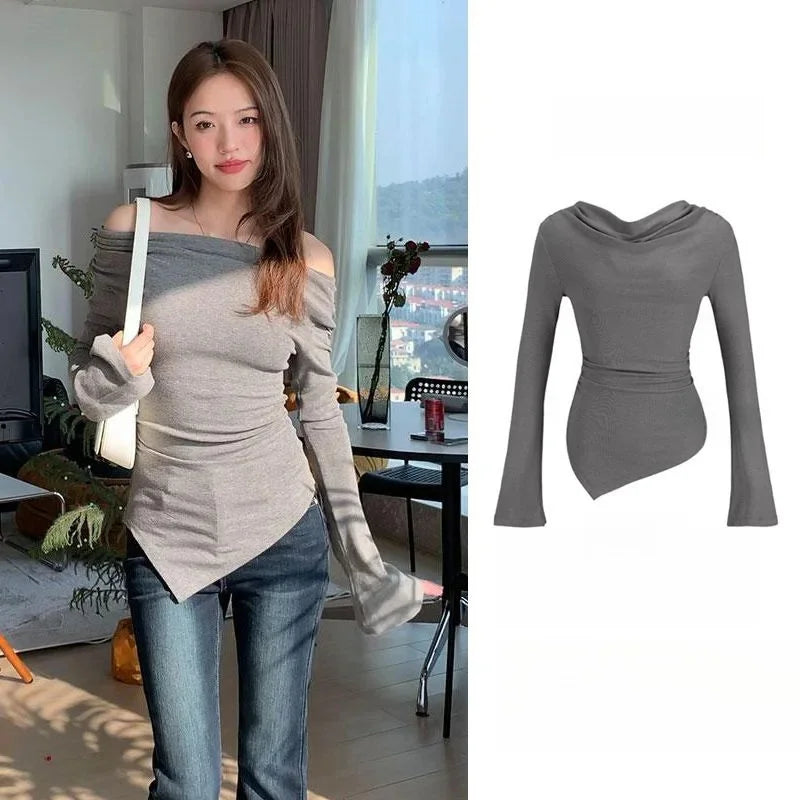 Irregular Waist Pleated Long Sleeve Base Shirt Spring T-Shirt Women's Spicy Girl One Shoulder Top Fashionable Casual Wear