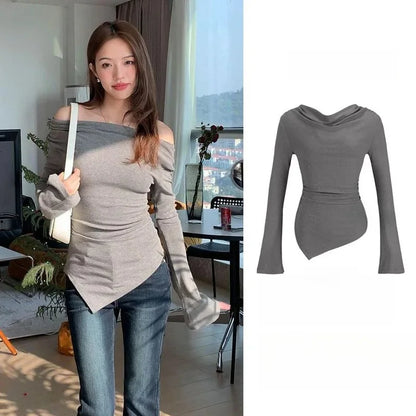 Irregular Waist Pleated Long Sleeve Base Shirt Spring T-Shirt Women's Spicy Girl One Shoulder Top Fashionable Casual Wear