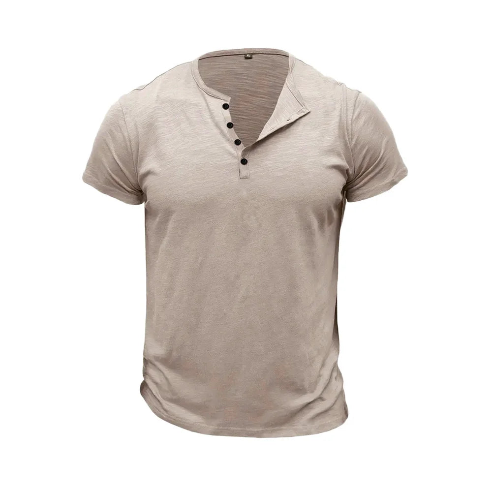 Summer Men's Cotton T-shirt Short-sleeve Henley Collar Casual Solid Color Button Tees Polo High Quality Male Cozy T-shirts.