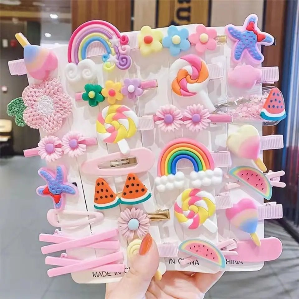 18 Pcs Hair Clip Set Cute Hair Accessories Girl Cartoon Hair Clip Headwear Bow Flower Animal Hairpin Hair Ring Box Not Included.