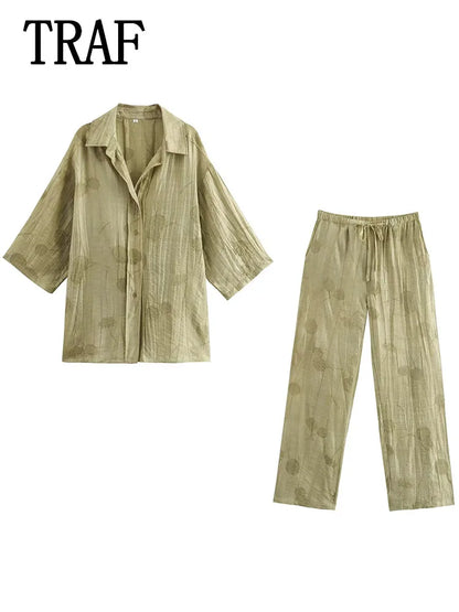 Women Print Long Pants Sets For Women Lapel Half Sleeve Single Breasted Shirts + High Waist Lace-Up Wide Leg Pants.