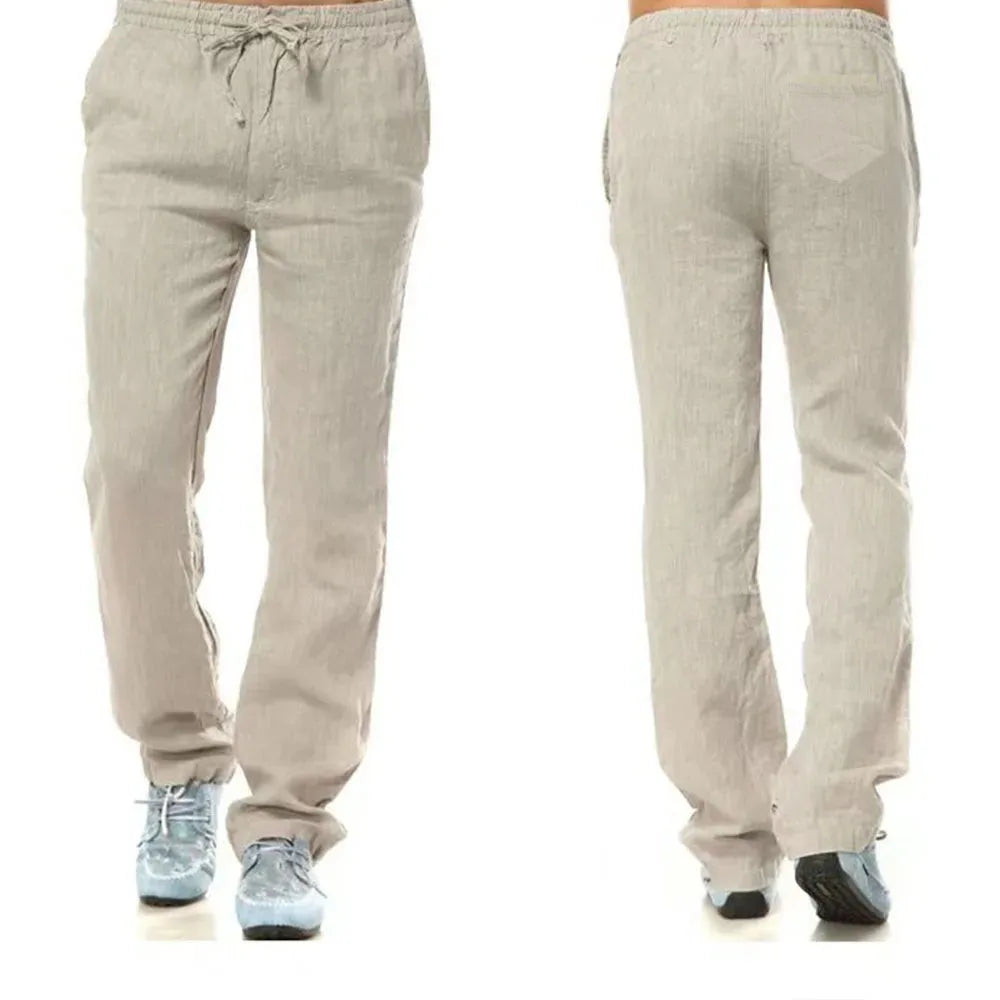 Men's Cotton Linen Pants Male Autumn New Breathable Solid Color Linen Trousers Fitness Streetwear Back With Pocket.