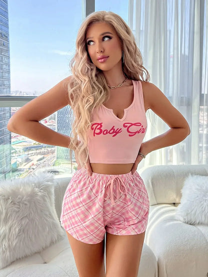 Damen-Nachtwäsche, Pyjama-Set, Dessous, lässig, rosa Buchstaben-bedrucktes Leibchen mit karierten Shorts, Sets, Nachthemd, Pyjama, Loungewear