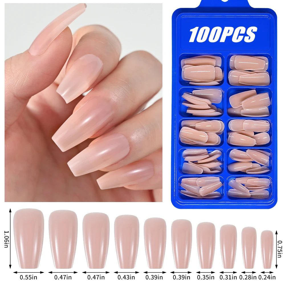 100Pcs Light Pink Press on Nails Short Medium Square Wearable Fake Nails Tips 10 sizes Full Cover False Nails Finger Decoration