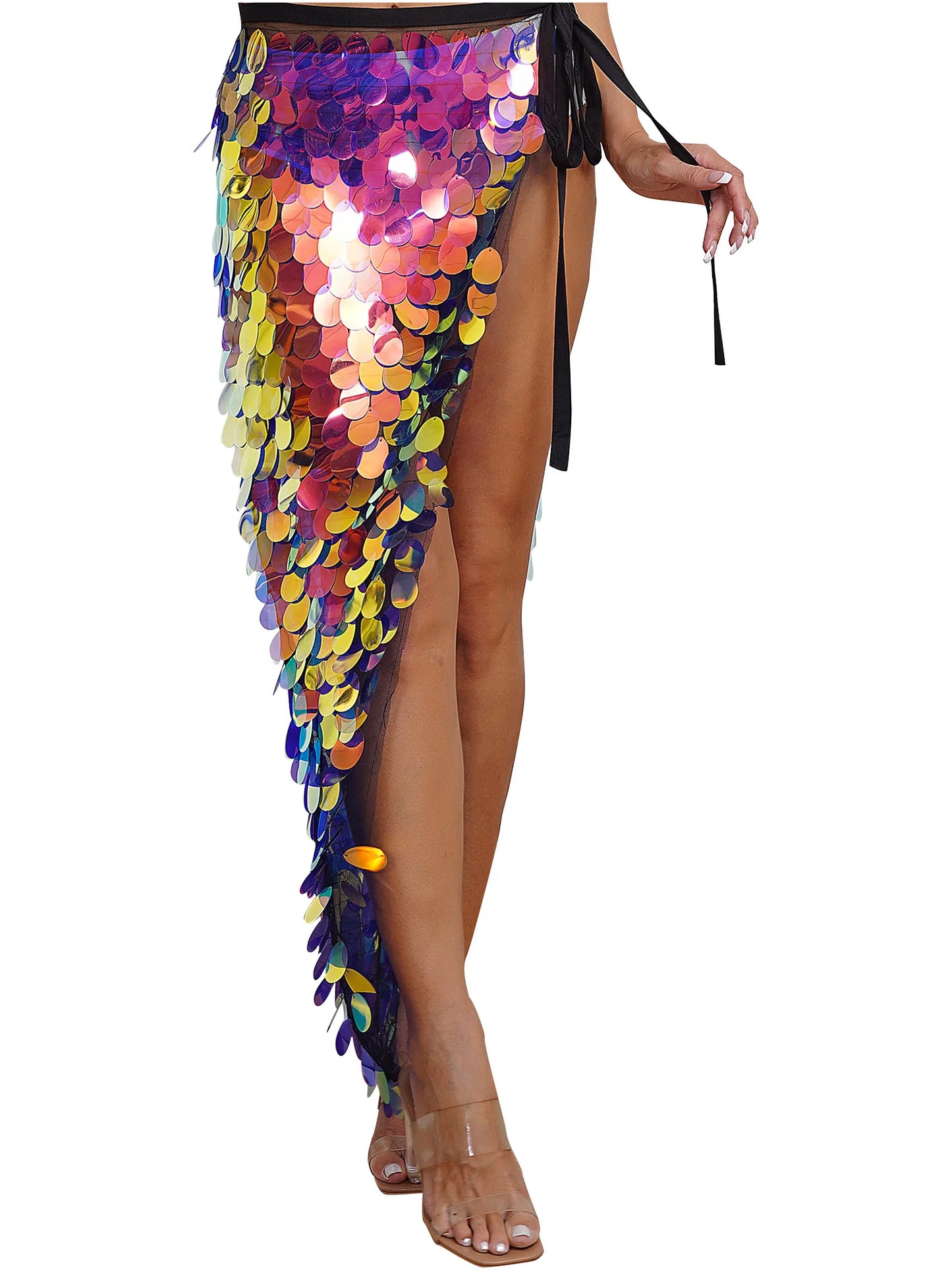 Womens Sequins Dance Skirt Lace-Up Mermaid Hip Scarf Wrap Long Belly Dance Hip Skirt Festival Dance Stage Performance Costumes