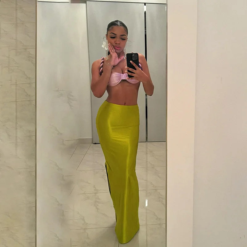 2025 Autumn Stain Long Solid Color Skirt Women Elegant High Waist Side Split Maxi Skirts Party Sexy Clothes for Female.