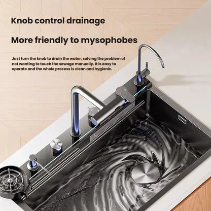 Household Intelligent Stainless Steel Kitchen Sink Digital Display Waterfall Wash Dish Basin Honeycomb Emboss Large Single Slot