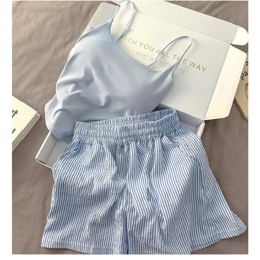 Einfarbiger Pyjama mit Brustpolstern, gestreifte Shorts für Damen, Sommer, dünne Leibchen-Shorts, Loungewear, großer Pyjama, zweiteiliges Set