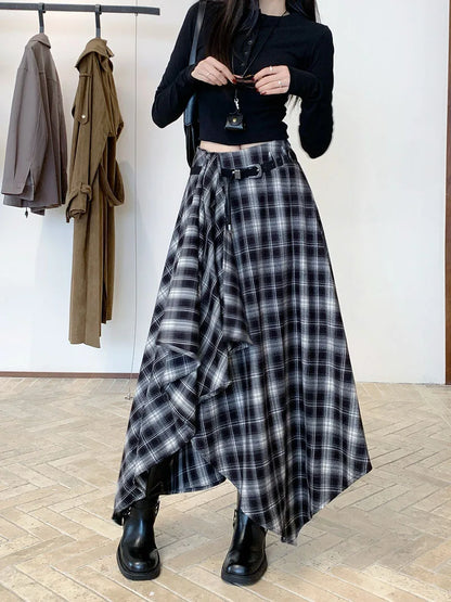 MEXZT Vintage Plaid Woolen Midi Skirt Women Y2K Harajuku Belt Asymmetrical Skirts Winter Gyaru Grunge Korean Design Faldas New.