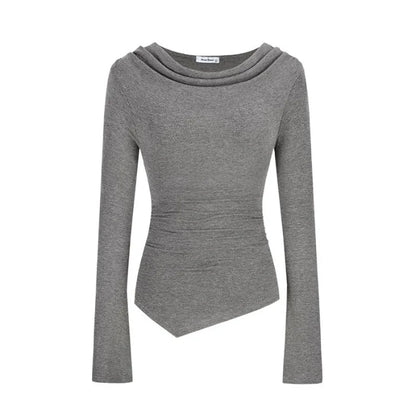 Spring Autumn Long Sleeve One Shoulder Short T Shirt Women Slim Fit Clavicle Irregular Design Unique Style Top Sweet Fresh.