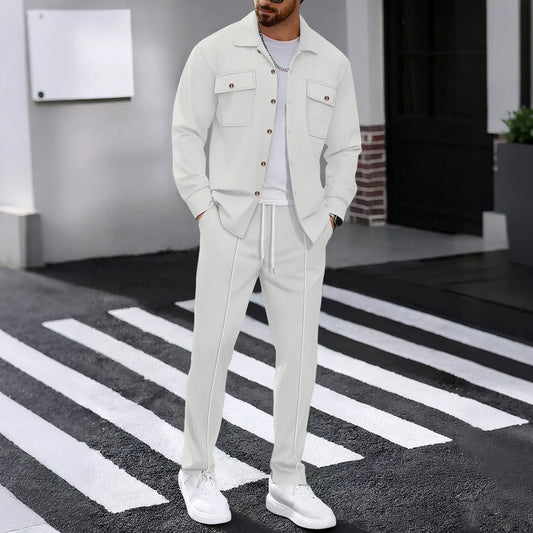 2025 Men's Autumn Casual Street Sport Two-Piece Fashion Solid Color Double-Pocket Collar Buttoned Long-Sleeved Shirt + Pants Set.