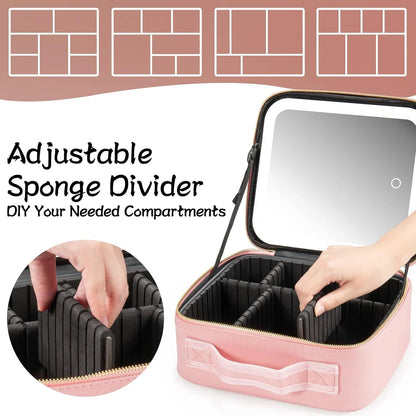 Makeup Bag with LED Mirror Travel Large Train Case Cosmetic Organizer Make Up Bags with 3 Color Lights and Adjustable Dividers.
