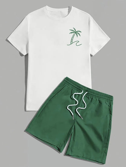 Hot selling men's summer coconut tree print comfortable and breathable round neck T-shirt shorts set outdoor vacation suit.