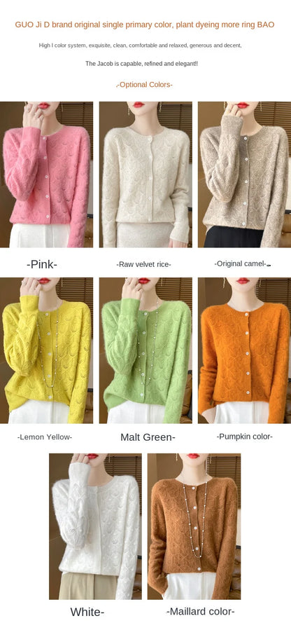 2024 Autumn And Winter New Round Neck Hollowed Out 100 Wool Knitted Cardigan Women's Versatile Coat Loose Casual Sweater DMR281.