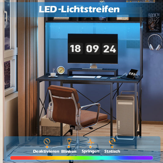 Devoko Gaming Tisch mit LED & Steckdosen,120x60 cm DIY-Stecktafel Schreibtisch mit Ablageregalen
