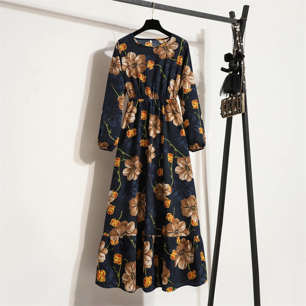 Frühling Sommer Frauen Maxi Kleider Casual Volle Hülse Floral Gedruckt Oansatz Frau Bohe Strand Party Lange Kleid Mujer Vestidos