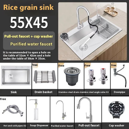Stainless Steel Kitchen Sink Rice Grain Embossing Large Single Slot Household Wash Dish and Wash Vegetable Bowl Undermount Basin