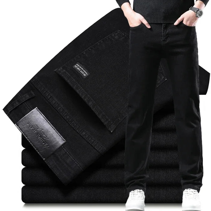 Spring Autumn New Men's Pure Black Slim Jeans Elastic Straight Pants Business Fashion Leisure Korean Vintage Denim Pants Male